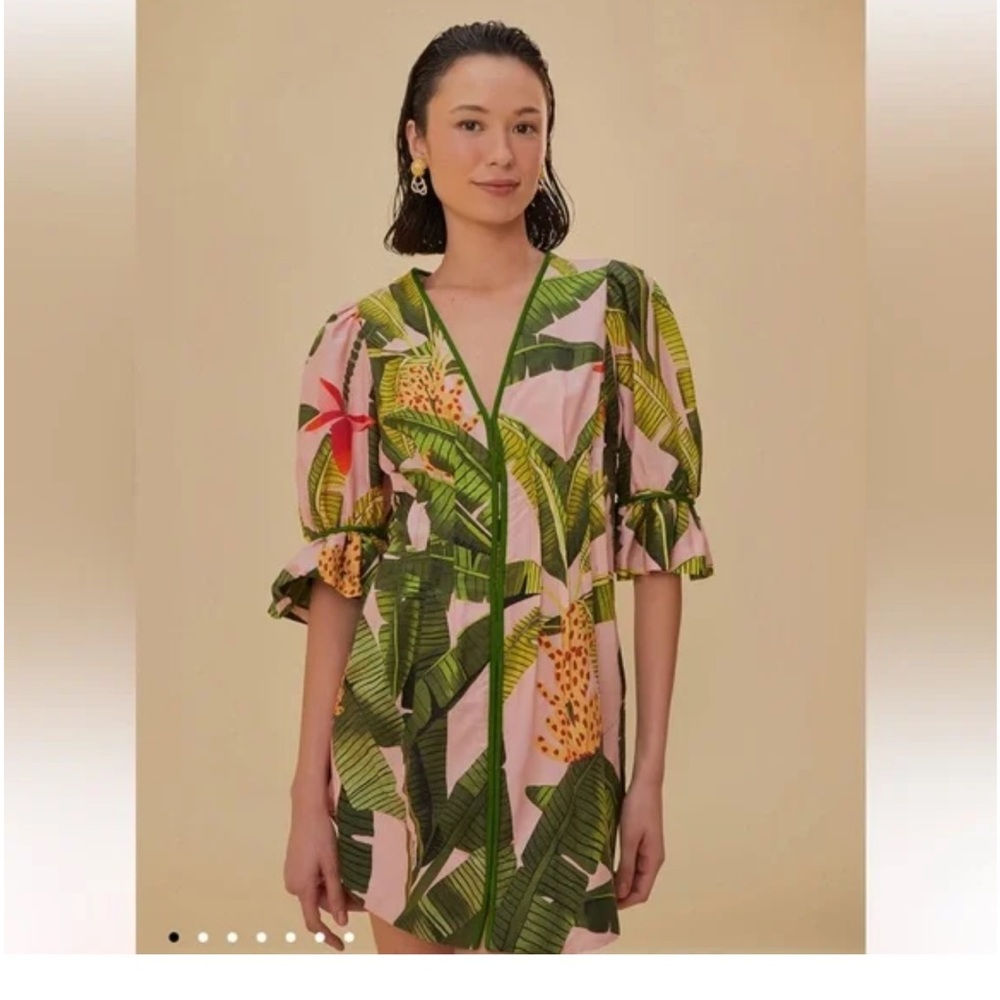 Farm Rio Pink Banana Leaves V Neck Mini Dress Size Small NWT